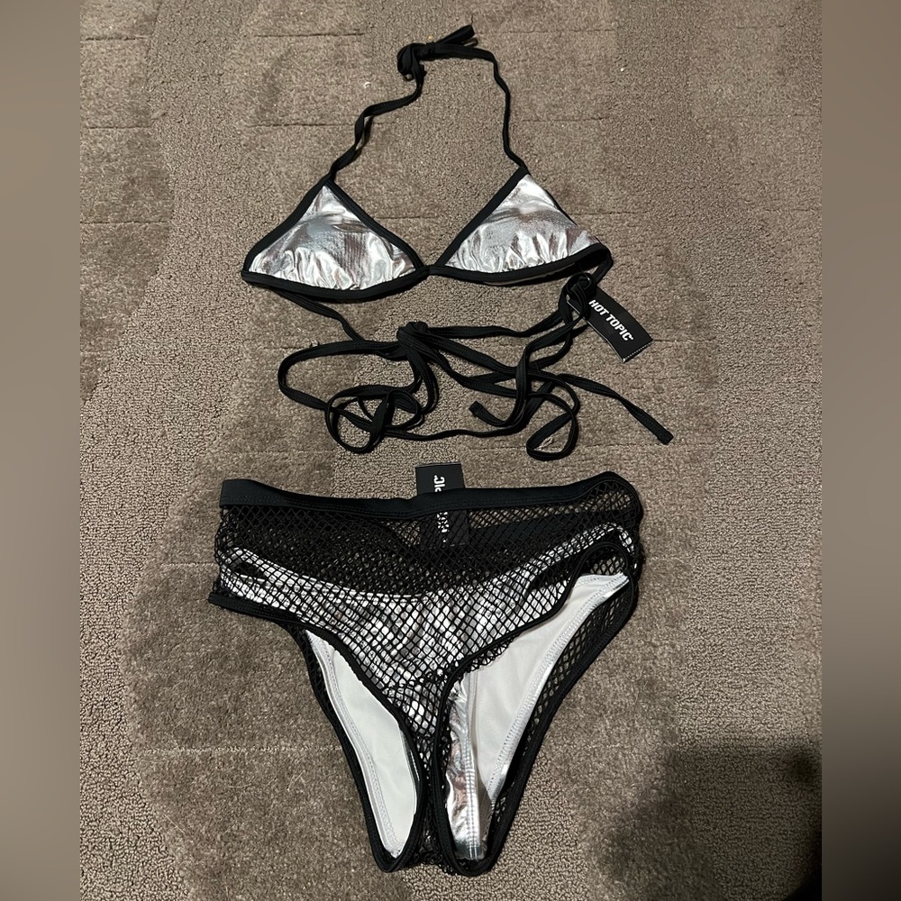 Metallic Silver & Black Hot Topic Wrap Bikini High-Waisted Fishnet Bottoms Rave